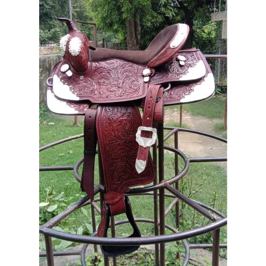 Silla de Montar Western de Cuero Premium para Exhibición, Silla de Caballo para Barrel Racing y Arreos.