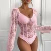 Women Sexy Retro Lace Patchwork V Neck Solid Color Long Sleeve Shapewear Bodysuit