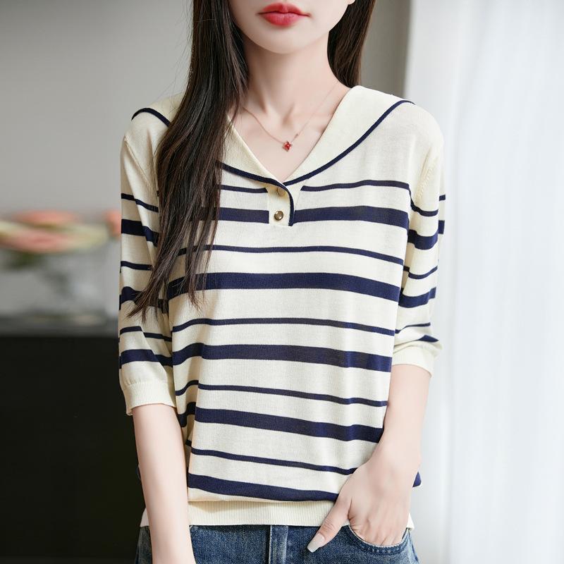 

Футболка в полоску из тенселя, весна и лето, новый тонкий трикотажный топ с короткими рукавами XL бежевый