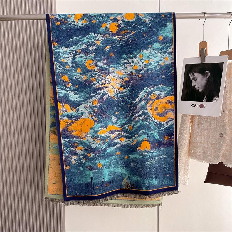 

2024 Осень/Зима Новый утолщенный теплый двухсторонний двухцветный шарф из искусственного кашемира с кисточками, высококачественный воротник-шаль 190x65cm