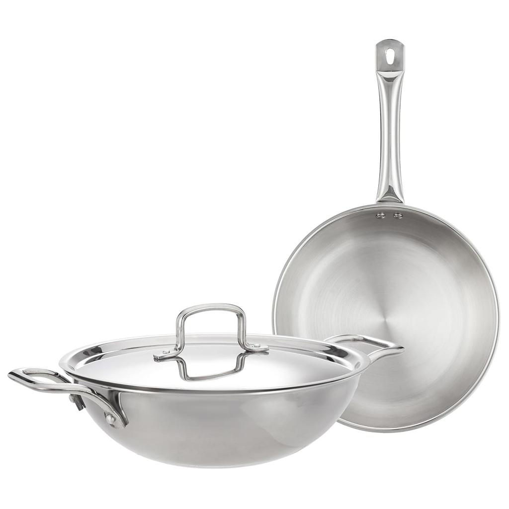 Triply Stainless Steel 2 Piece Cookware Set (Kadhai/Wok with Lid-24 Cm, Fry Pan-24 Cm) Induction and Gas Stove Compatible