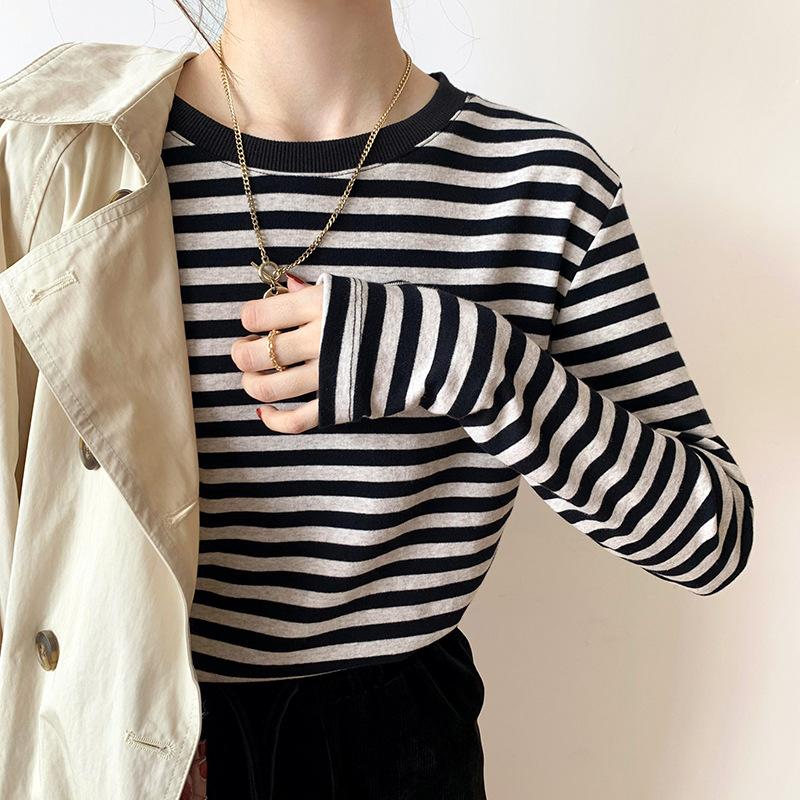 Basic Striped T-shirt Women Multi Colors Casual Cotton Stretchy Long Sleeve Tops Spring Autumn Loose T Shirt