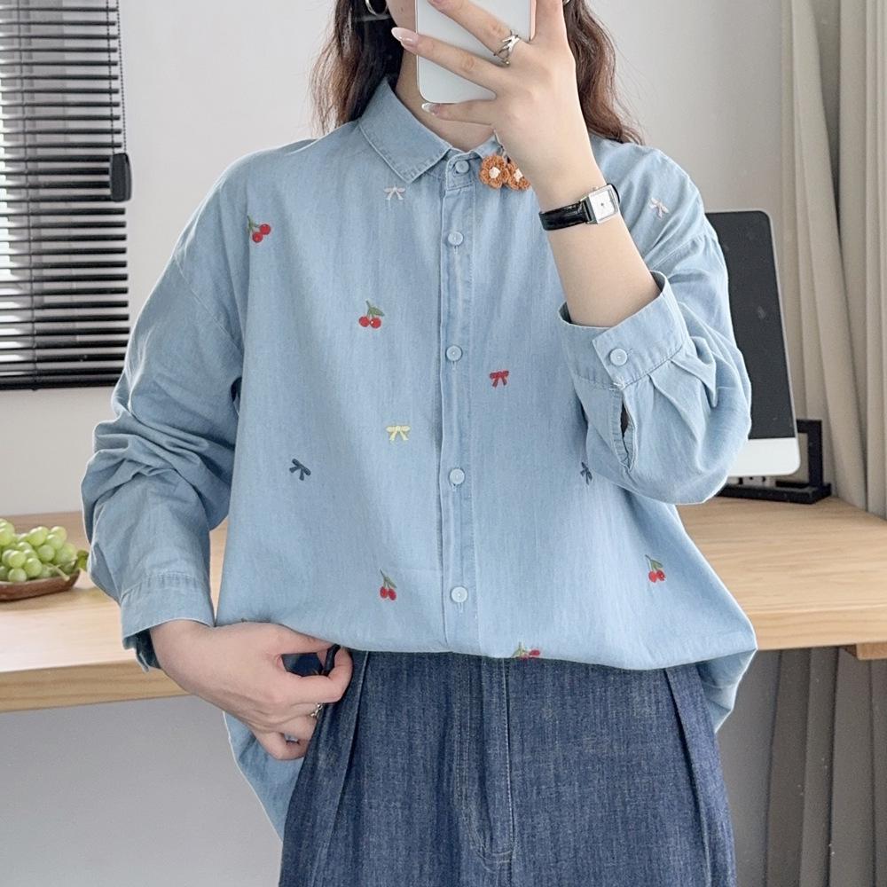 Women's Retro Cartoon Embroidered Cotton Denim Shirt - Long Sleeve, Casual Top for Spring/Autumn 2025