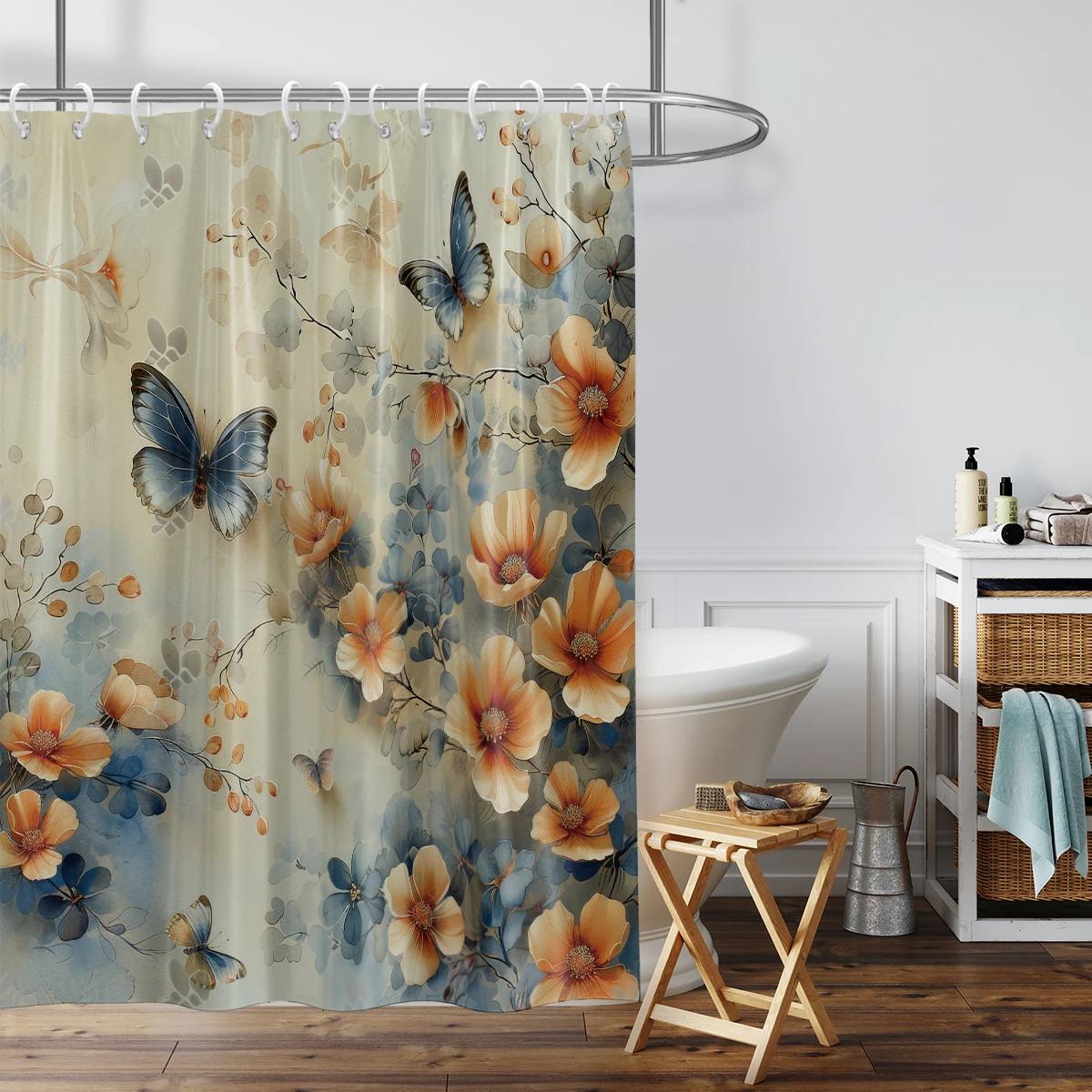 

1PC Floral and butterfly pattern printed shower curtain, Bohemian style, with 12 hooks, bathroom showers, bathtub, home use W90xH180cm