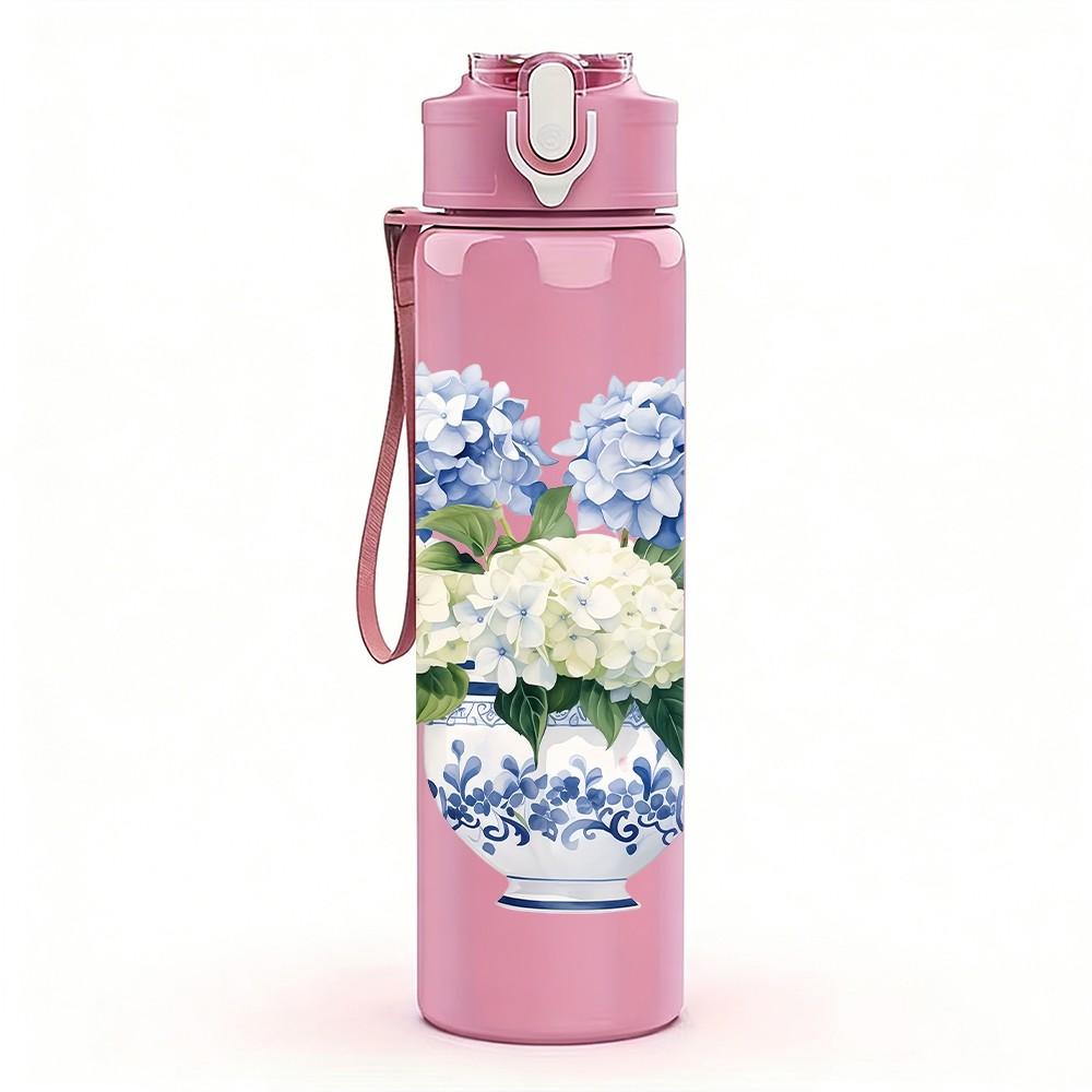 1PC White Floral Vase Vintage Pattern 750ml Color Plastic Sports Water Bottle Leakproof Flip Straw Lid Suitable for Sports Office Home Use