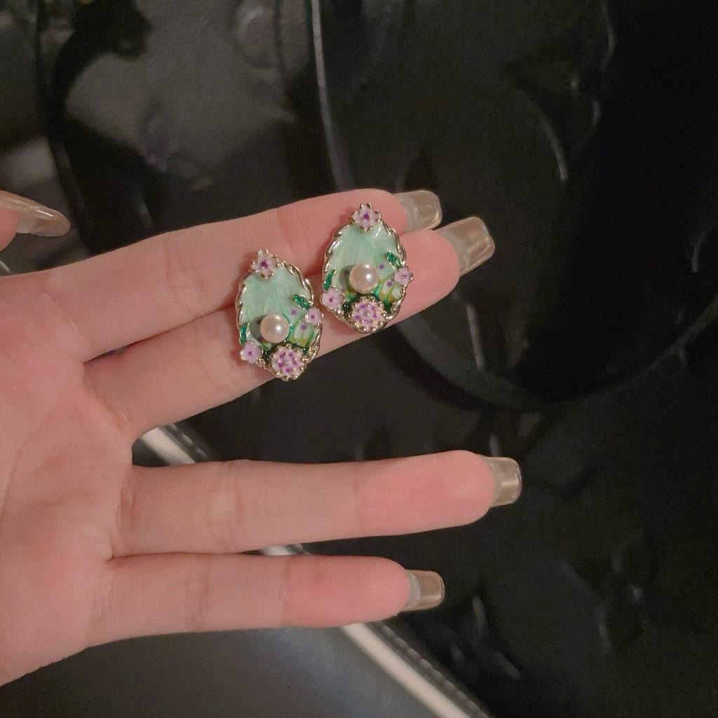 Monet Garden Drip Oil Flower Pearl Earrings - Luxury Oil Painting Design Pearl Studs with a Niche, High-End Feel.