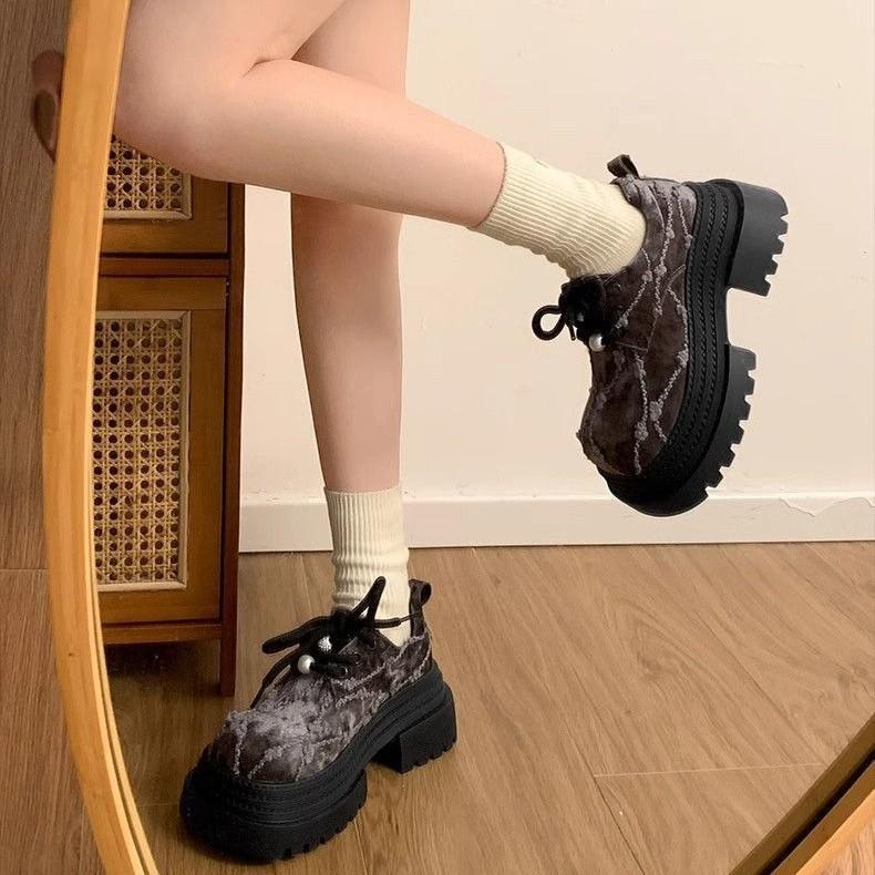 Big Head Lace-up Small Leather Shoes Women's 2025 Spring New Small Platform Women's Shoes Fashion Heightening Loafers