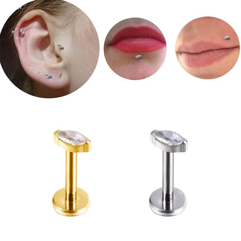 ASTM F136 Titanium Marquise Crystal Labret ear Stud CZ Paved Cartilage Tragus PIERC Earrings Lip Ring Stud Helix Piercing Jewelr