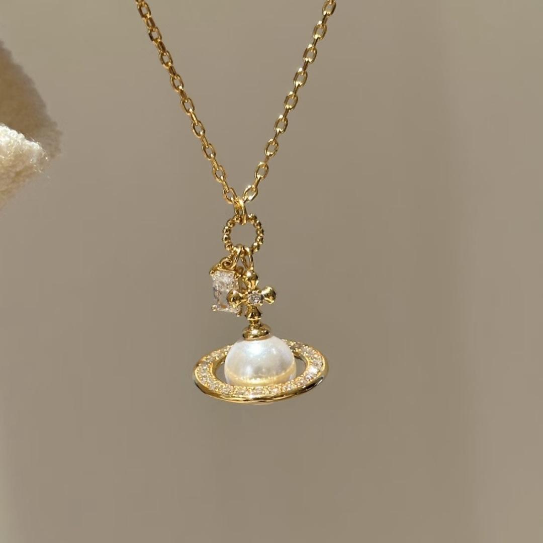 French Micro-Set Three-Dimensional Pearl Saturn Pendant Necklace Female Planet Cross Iris Premium Sense Clavicle Chain