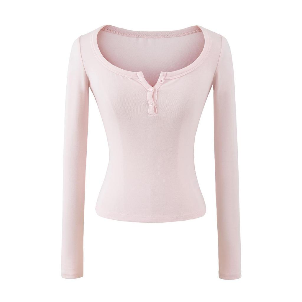 European American Cashmere Spicy Girl Square Neck Long Sleeve Slim Fit T-Shirt with Half Open Collar.