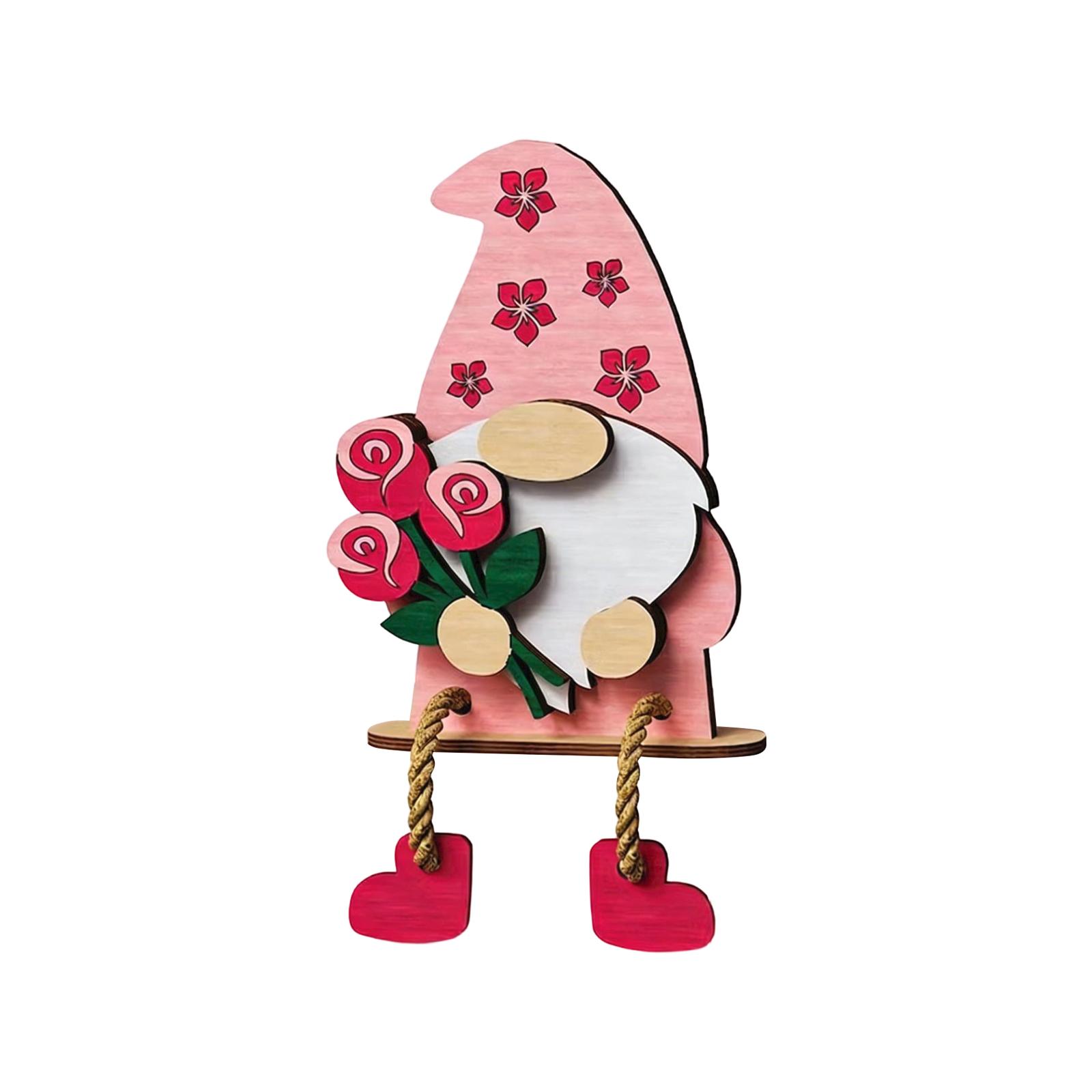 

Valentine’s Day Wooden Gnome Decoration, Cute Heart Flower Gnome Figurine With Dangling Rope Legs Handmade Wooden Shelf Mantel Decor Valentine’s Gift One Size