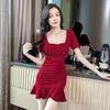 Quadratischer Ausschnitt Rüschen Fishtail Bodycon Kleid