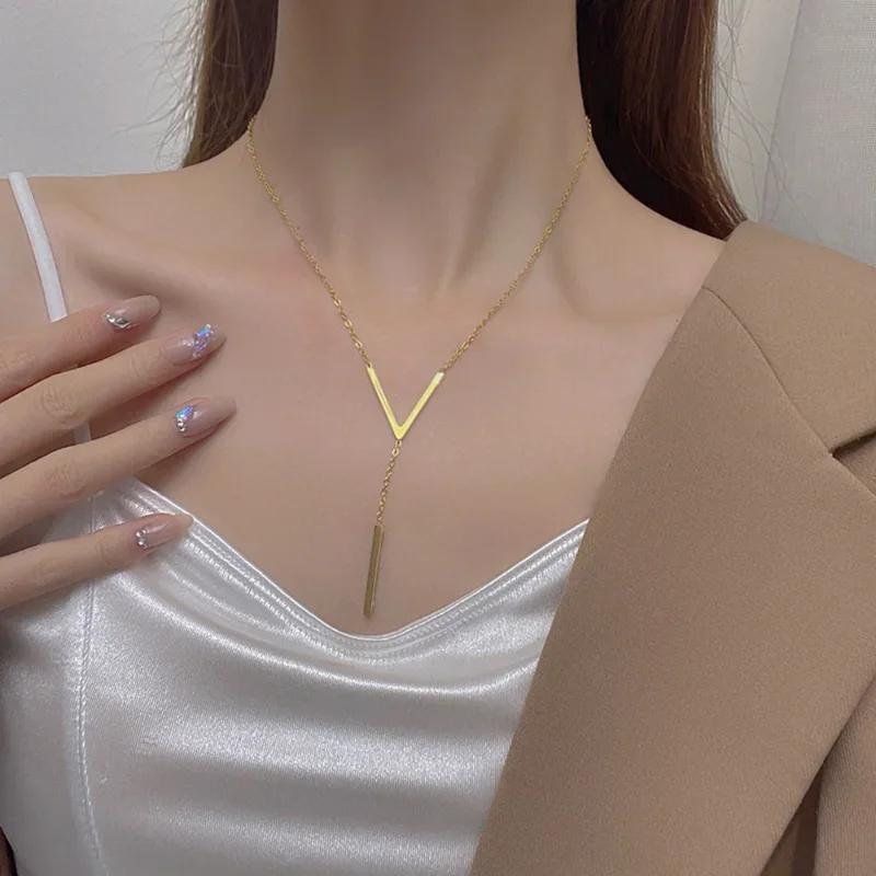 V-shaped Long Sexy Clavicle Gold Colour Chain Necklace Choker Women Vertical Bar Pendant Jewelry Party Gifts
