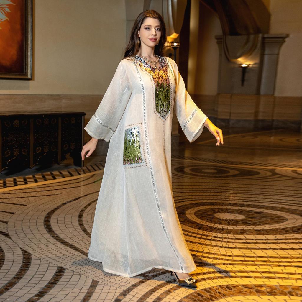 AB053 Dubai Beaded Sequin Jalabiya: Women's Embroidered Long Robe for Eid al-Fitr.