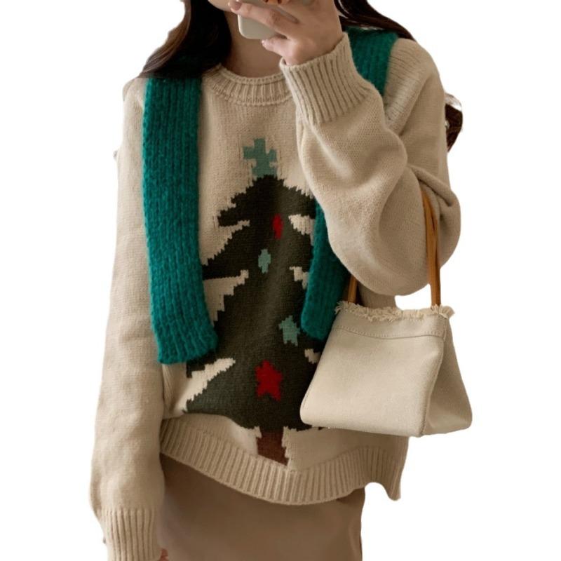 Crew Neck Red Christmas Tree Pullover Sweater Women's Autumn and Winter New Loose and Versatile Thickened Knitted Sweater Top