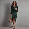 New Fashion Women's Elegant Long Sleeve Stand Collar Velvet Corduroy Shirt Dress