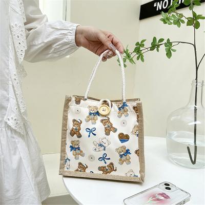 Cartoon Cute Bear Linen Bag Portable Shopping Bag  Students Women Eco Tote Bag Travel Cloth Bag Tote Handbag