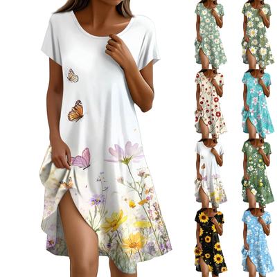 Kadınlar İçin Kısa Kollu Boho Elbise Rahat Bol Kesim Yazlık Sundress Cepli Çiçek Desenli Elbise