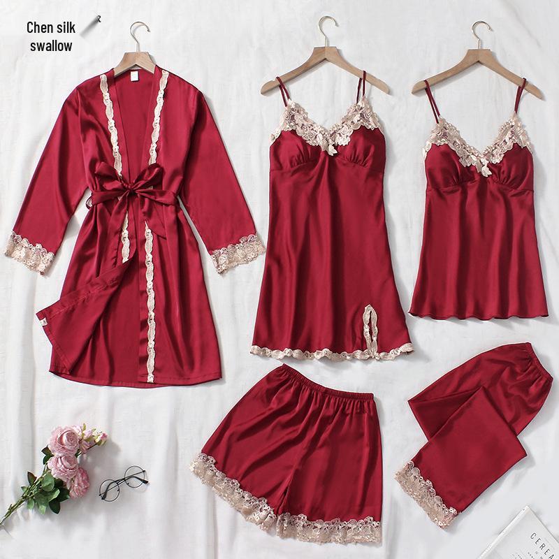 

Женский летний шелковый пижамный комплект: Комплект из 5 предметов: кофта с длинным рукавом, майка с кружевной отделкой, шорты и брюки XXL