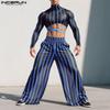 INCERUN Two-piece Men Long Sleeve Striped Mesh Sheer Crop Tops Elastic Waist Pants Sets