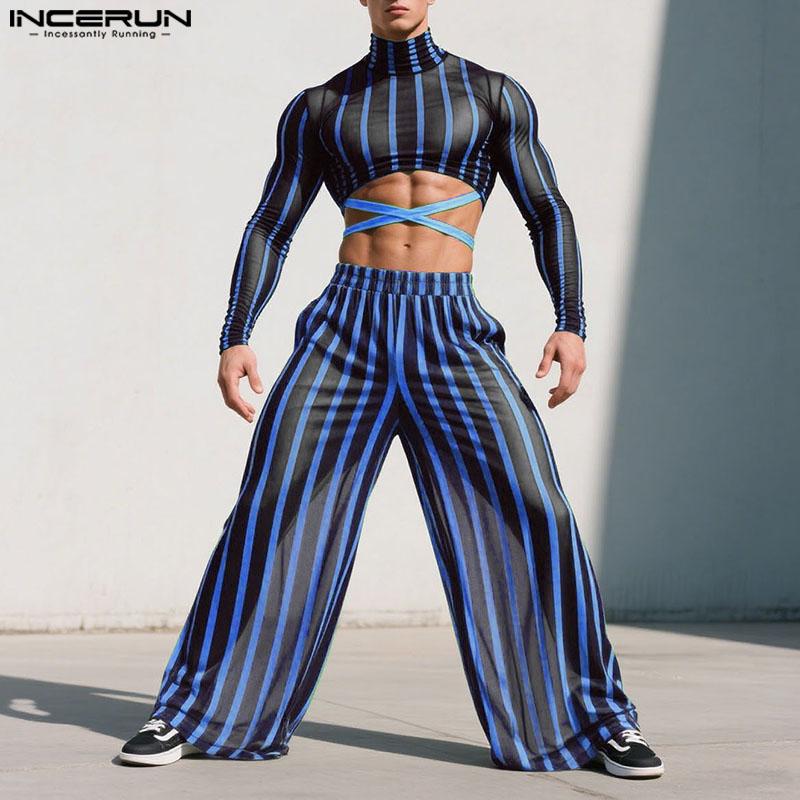 INCERUN Two-piece Men Long Sleeve Striped Mesh Sheer Crop Tops Elastic Waist Pants Sets
