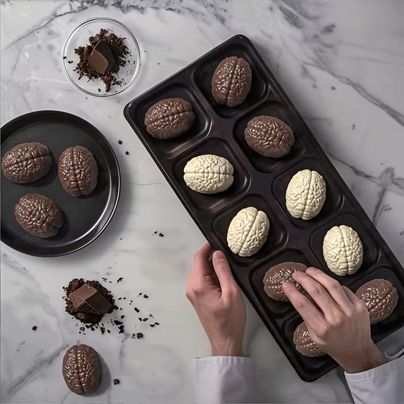 Silicone Brain Chocolate Mold 10-Cavity DIY Halloween Brain Shaped Baking Mold for Chocolate Non-Stick Sugar Pudding Mold