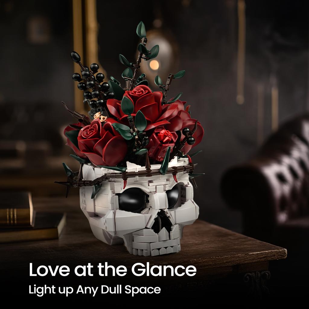 Gothic Skull Rose Bouquet Building Blocks Set Skeleton Flower Pot Bricks Toy Adult Home Decor Horror Aesthetic Gift