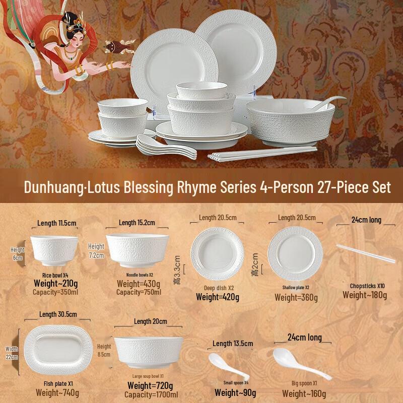 Jingdezhen Underglaze Ceramic Dinnerware Set - Lotus Rhyme Dunhuang