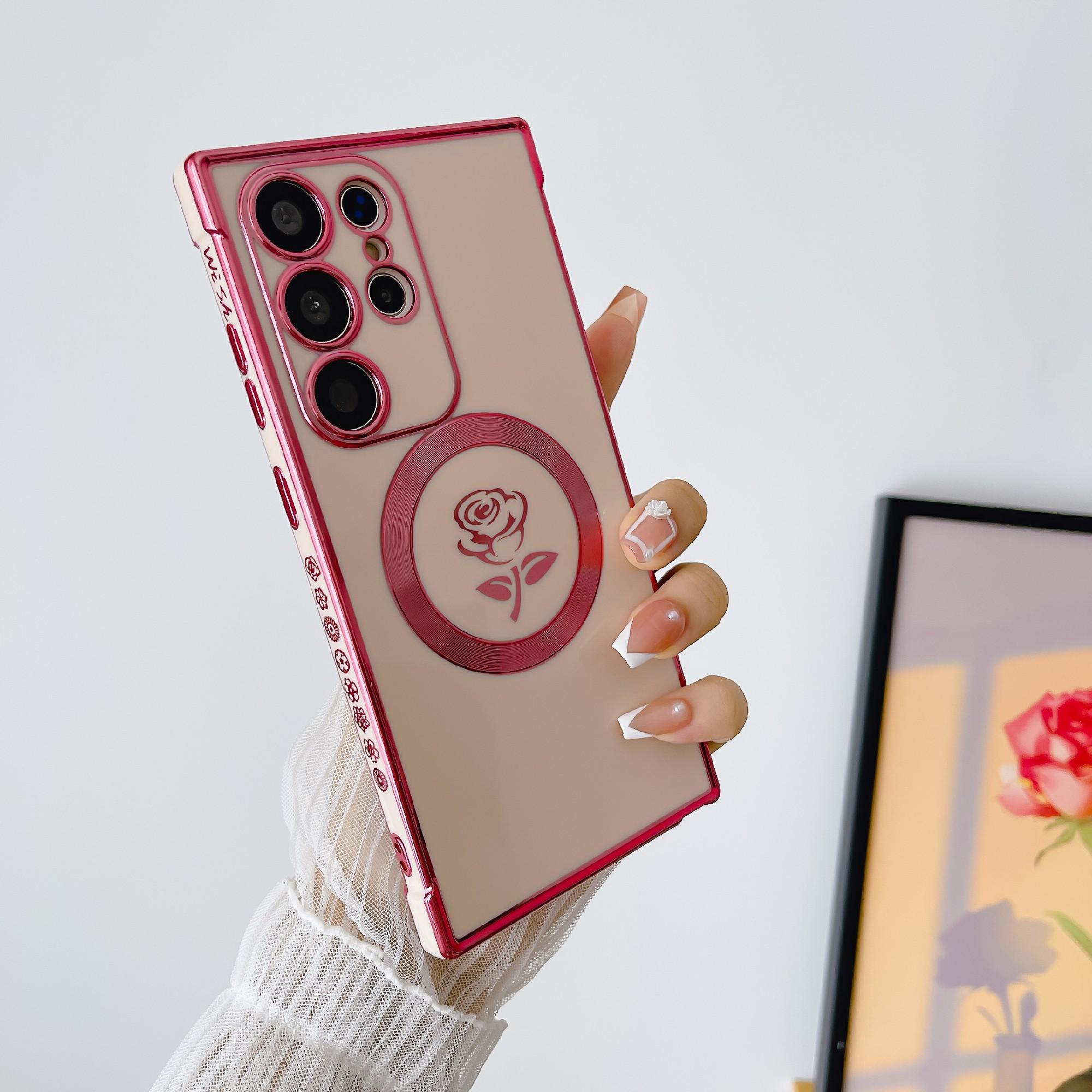 

For Samsung Galaxy S25 Ultra Magnetic Case Rose Flower Electroplated TPU Phone Cover B