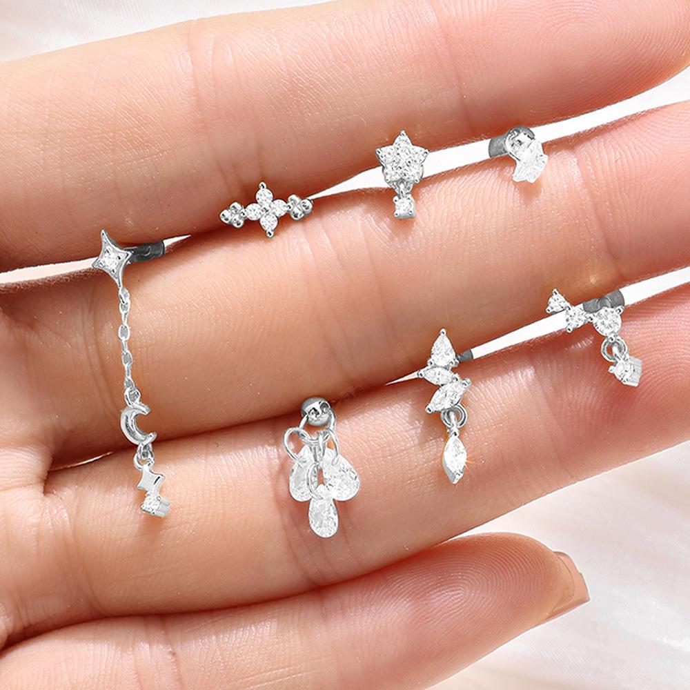 CANNER 1PZ Occhio di Cavallo Testa Piatta Filettato Perforazione Osso Auricolare Donna Argento 925 Ins Stella Fiore Geometria Zircone Orecchino a Lobo