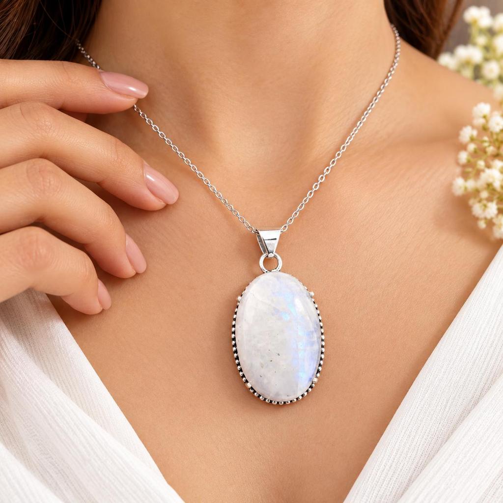 Rainbow Moonstone Gemstone Silver Pendant, Handmade Blue Flash Pendant Necklace Gift For Her PP-63-22