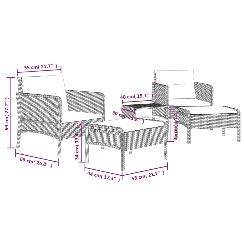Vidaxl 5-Cz. Set da Giardino, Cuscini, Grigio, Rattan PE