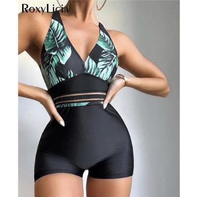 Neue V-ausschnitt Blätter Gedruckt Shorts Ein Stück Badeanzug Frauen Bademode Weiblichen Monokini Gepolsterte Badende Badeanzug Schwimmen Dame