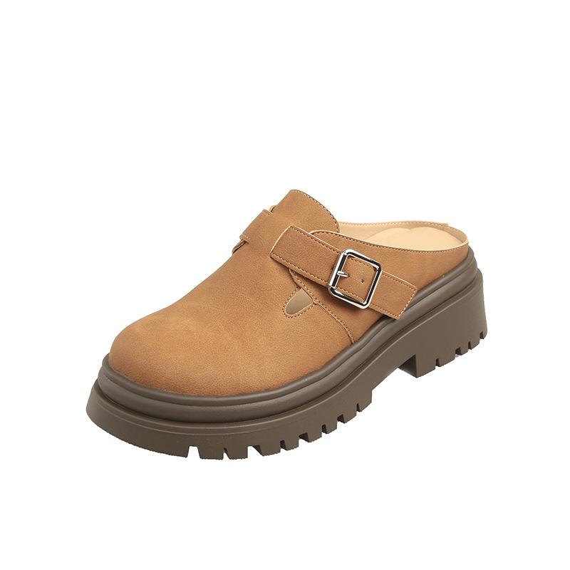 British Style Single Shoes Women's Popular Spring New Bag Head Half Slippers Women's Platform Belt Buckle Fashion Casual Women's Shoes