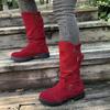 Feiern Sie Vintage Western Cowboy Stiefel Damen Neu Wildleder Runde Spitze Dicke Ferse Schuhe Retro Gürtelschnalle Gestapelte Mid-Calf Botas