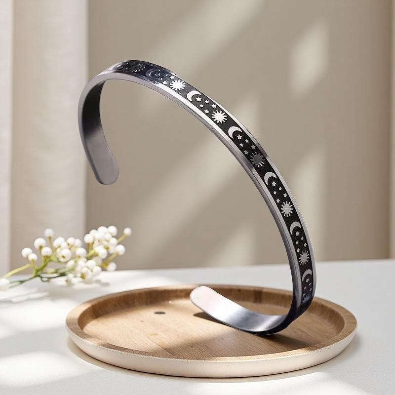 Stainless Steel C-shaped Open Bracelet Sun Moon Star Element Open Silver Bracelet In Stock Wholesale
