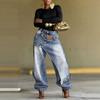 Dam Jeans med Mellanhög Midja, Asymmetrisk Mudd och Vida Ben, Lös Passform, Vintage Tvättat Denimbyxor