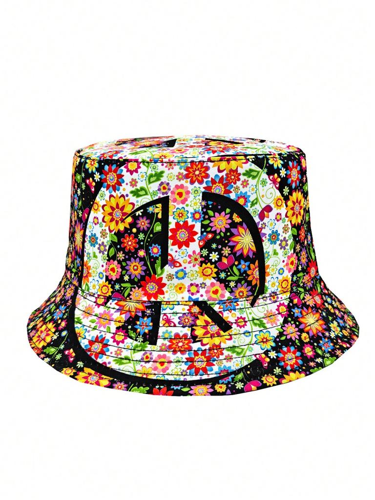 Casual Summer 'Peace Love' Print Vacation Bucket Hat, Unisex Boho Style Reversible Sun Protection Bucket Hat