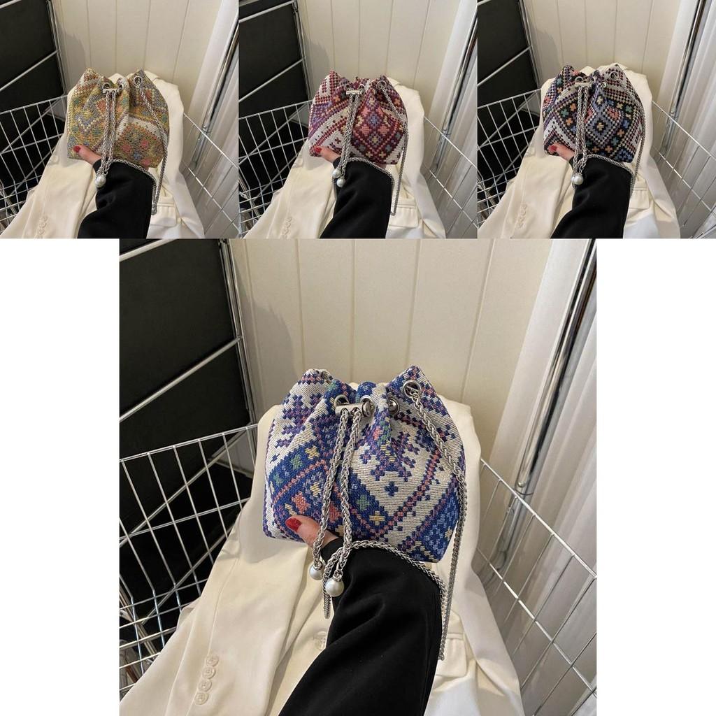 Chic Round Cotton Linen Crossbody Bag With Colorful Stitching And Soft Texture