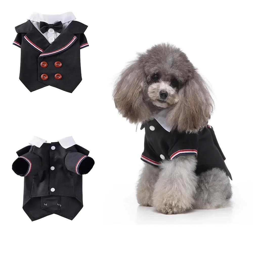 Cute Striped Dog Tuxedo Tailcoat Wedding Outfit Gentleman Pet Suit with Bow Tie for French Bulldog Halloween Costume