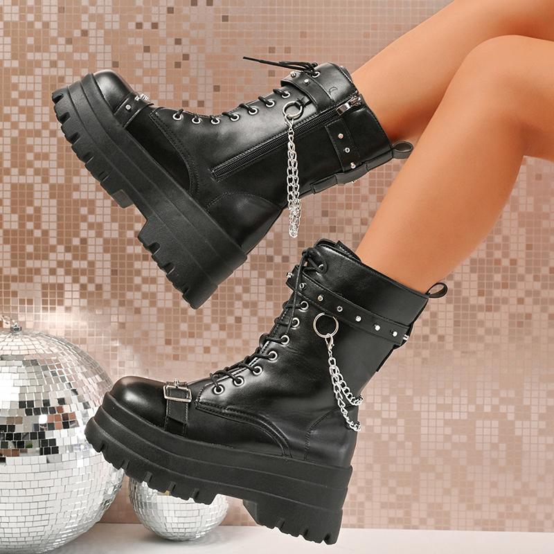 Punk Style Chunky Motorcycle Boots Women Thick Bottom PU Leather Ankle Boots Woman Metal Chain Decor Gothic Platform Botas Mujer