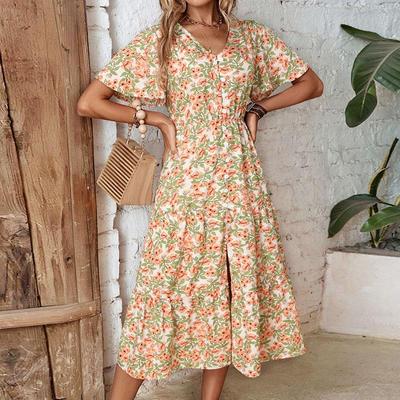 Summer Women Holiday Floral Dress Short Sleeve V Neck Mid-Calf
