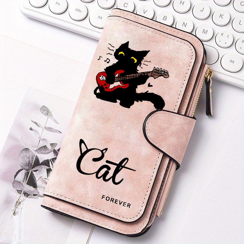 Women's Black Striped Cat Long Wallet Multi - functional Snap - button Coin Purse Ideal Gift for Cat Lovers Daily Use and Outdoor Activities