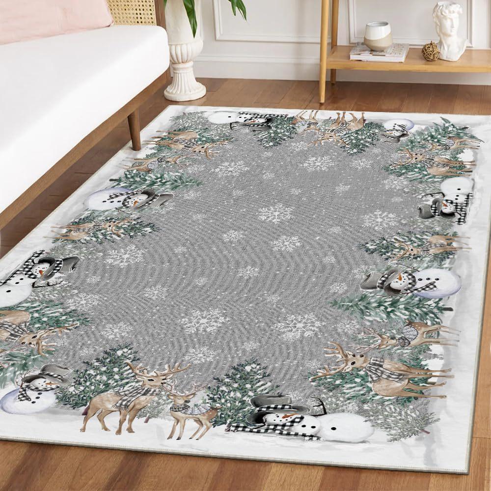 Christmas Snowman Rug for Living Room Low Pile Throw Rugs Crystal Velvet Washable Non Slip Modern Large Area Carpet for Bedroom