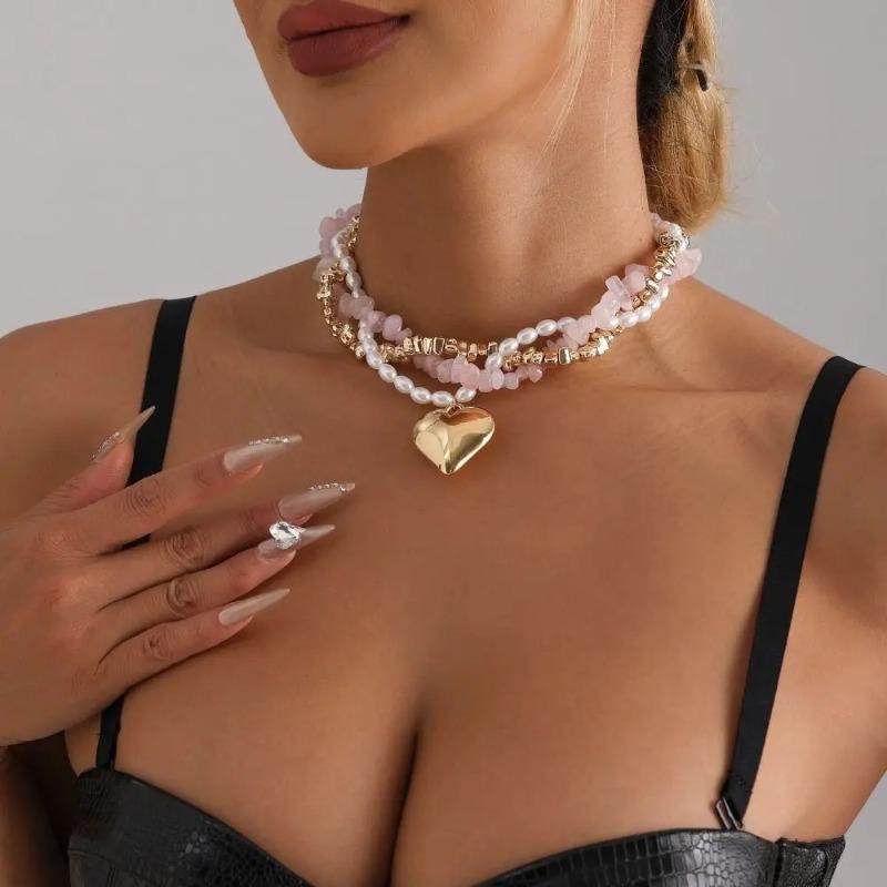 Collana con Ciondolo a Cuore Vintage alla Moda per Donna Boho Croce con Perline Irregolari Catena di Cristallo Gioielli Collane Femminili Para Mujer
