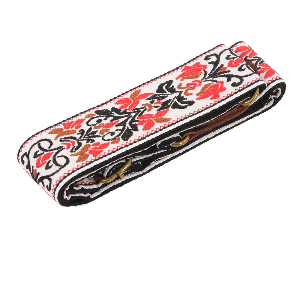 Guitar Strap Leather Head for Acoustic Electric Embroidered Jacquard Vintage Floral PatternWhite