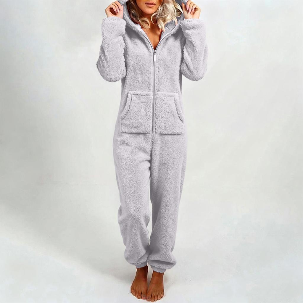 Women's Fashion Fleece-Lined Thickened Fleece Hooded Pyjamas With Zip-Up Onesie