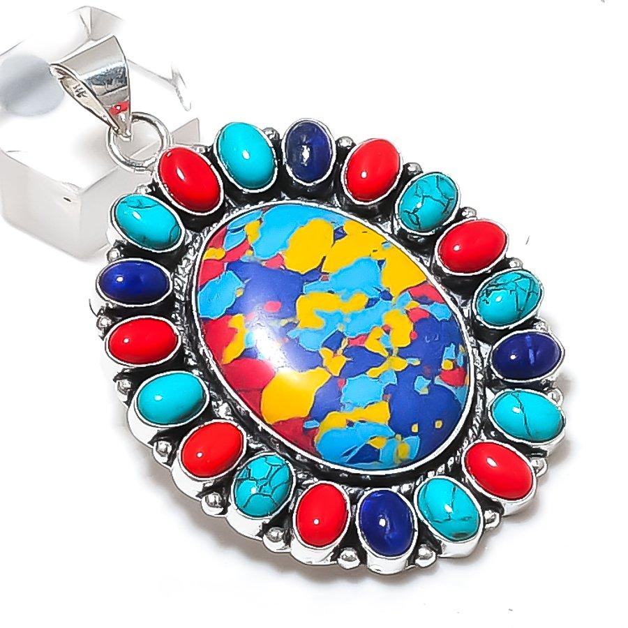 Натуральный мозаичный яшма, коралл 925 пробы стерлингового серебра кулон-украшение 2,44 ETC-13772