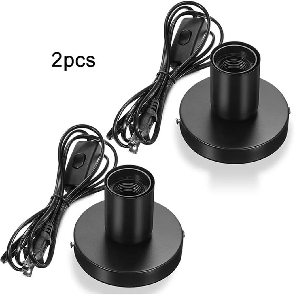 2PCS Black Metal Desktop Lamp Base E27 Lamp Holder Screw Light Bulb Holder with Cord on Off Switch Plug for Holding Bulb Room