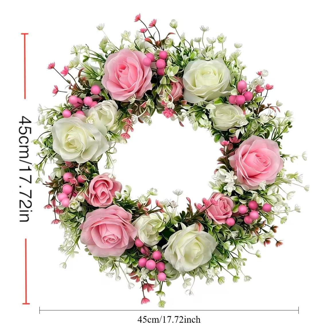 A Faux Pink and White Rose Wreath, Featuring Intertwined Pink and White Flowers Along with Green Leaves and Berries, Perfect (Green,17.72in) зелёный